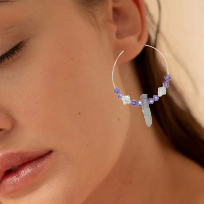 Boho Titanium Quartz Crystal Hoop Earrings Boho Gemstone Beaded Jewelry