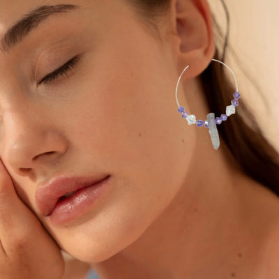 Boho Titanium Quartz Crystal Hoop Earrings Boho Gemstone Beaded Jewelry