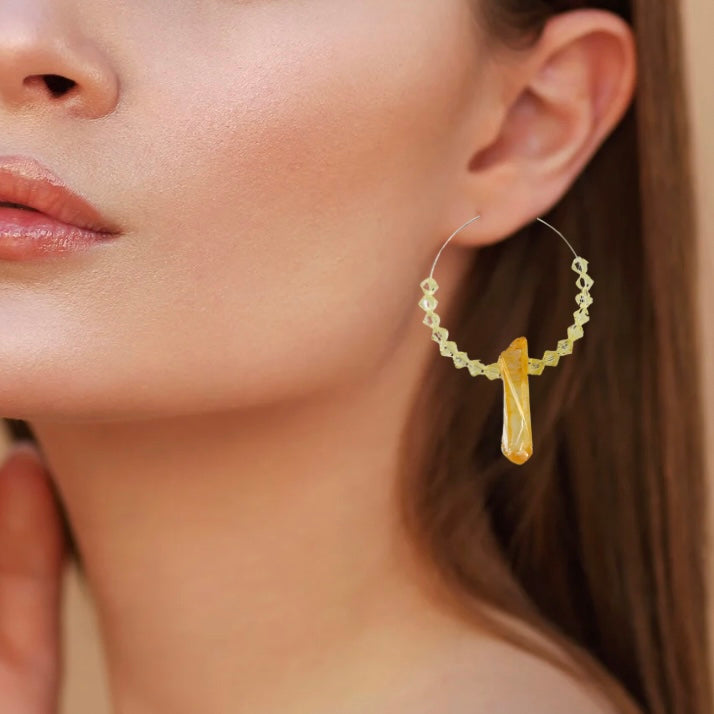 Boho Hoop Earrings With Titanium Coated Quartz Crystal Beads