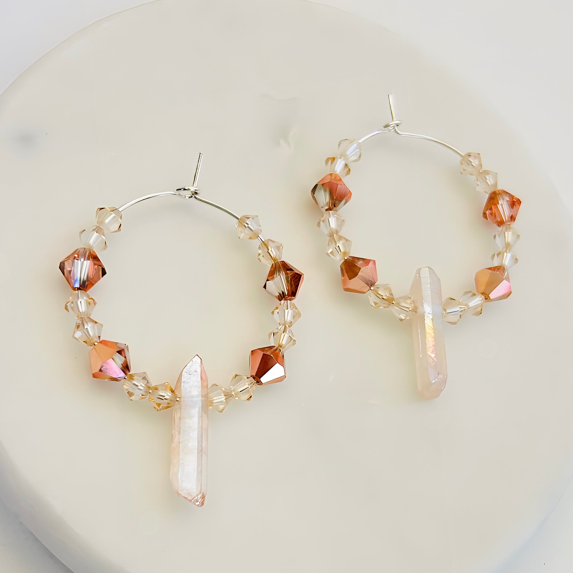 Handmade Titanium Coated Quartz Hoop Earrings With Silver Finish