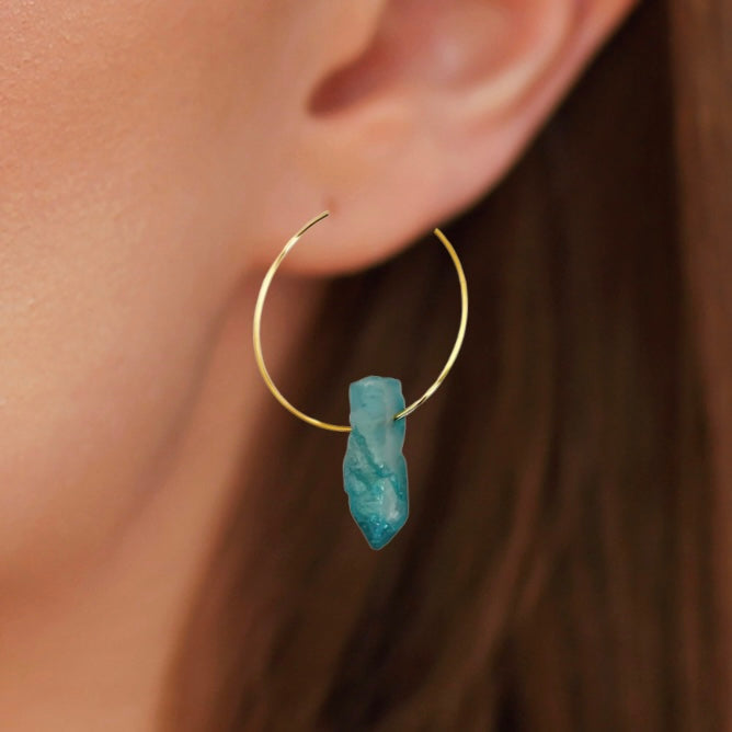 Blue Titanium Coated Quartz Hoop Earrings With Natural Crystal and Gold Plated Finish