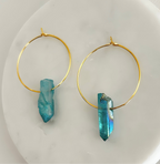 Blue Titanium Coated Quartz Hoop Earrings With Natural Crystal and Gold Plated Finish