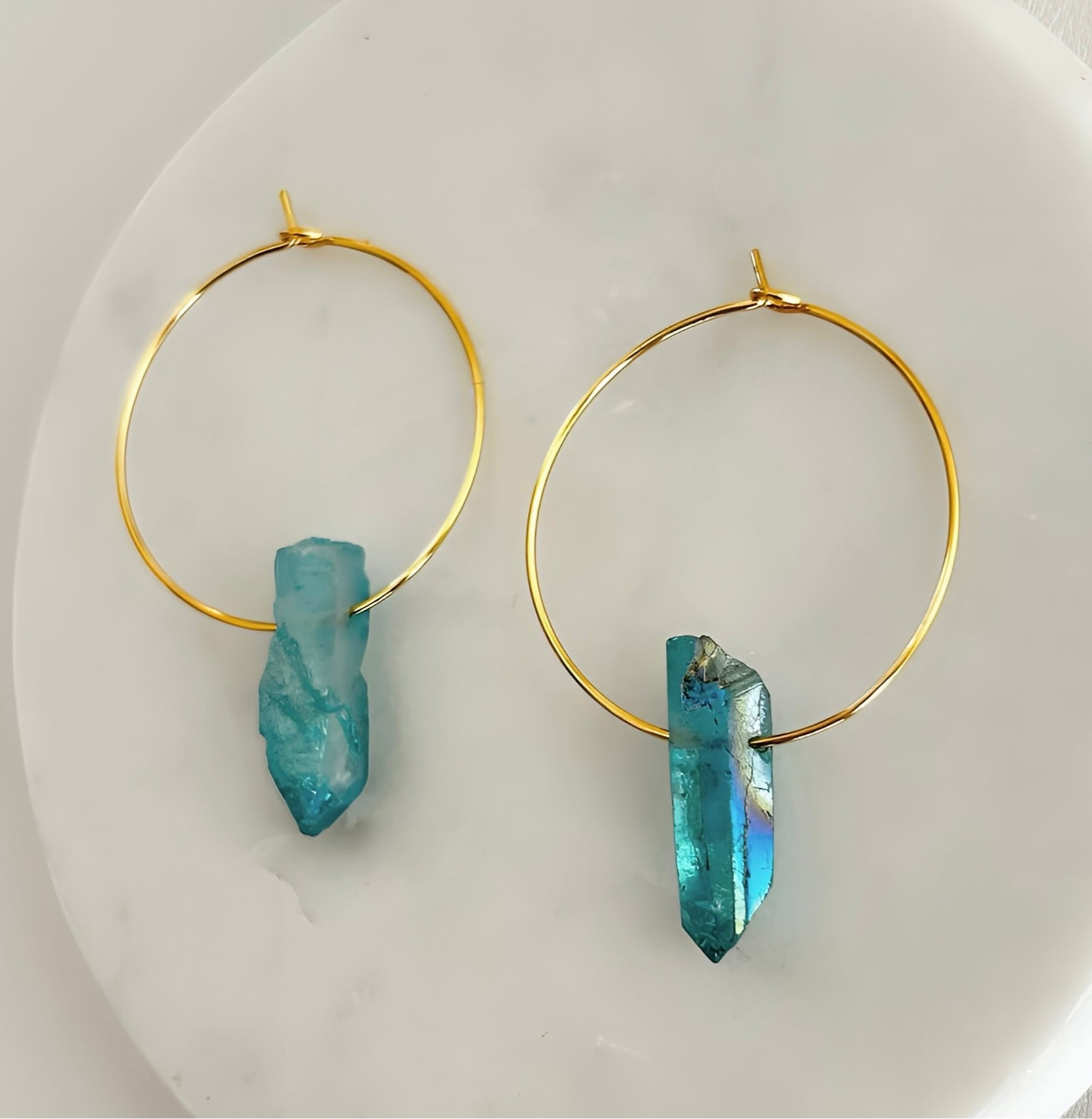 Blue Titanium Coated Quartz Hoop Earrings With Natural Crystal and Gold Plated Finish