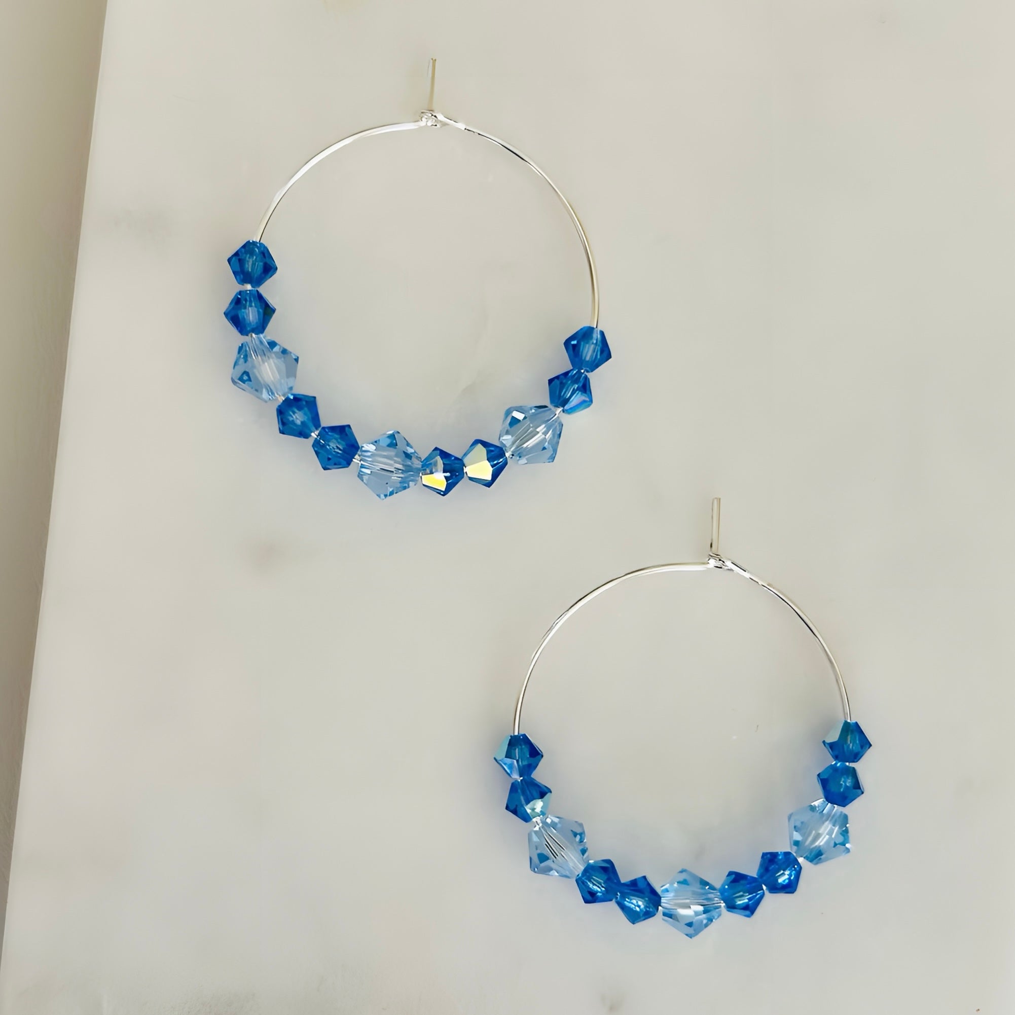 Blue Crystal Hoop Earrings Silver Plated Handmade Statement Jewelry