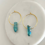 Blue Titanium Coated Quartz Hoop Earrings With Natural Crystal and Gold Plated Finish