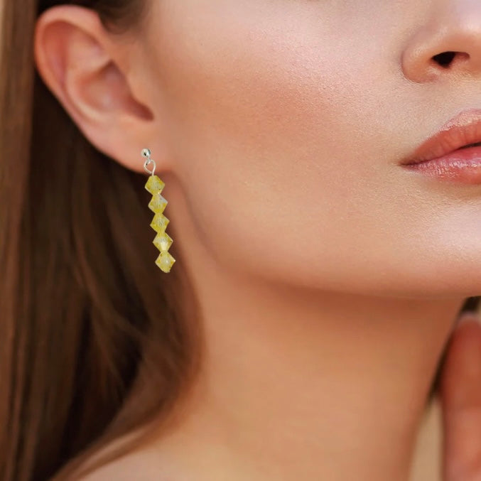 Sparkling Yellow Crystal Dangle Earrings With Silver Finish