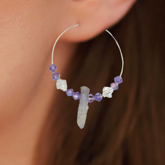 Boho Titanium Quartz Crystal Hoop Earrings Boho Gemstone Beaded Jewelry