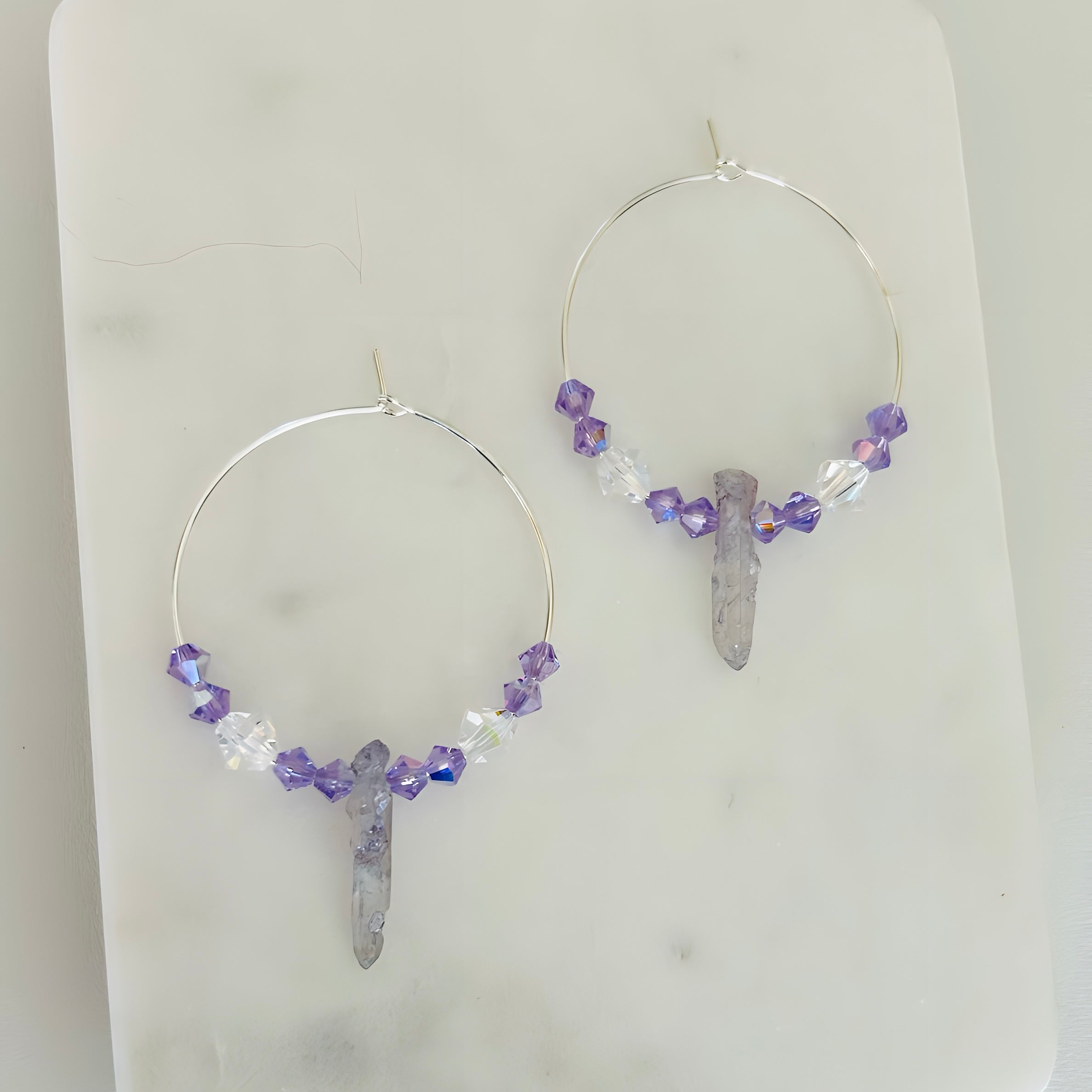 Boho Titanium Quartz Crystal Hoop Earrings Boho Gemstone Beaded Jewelry