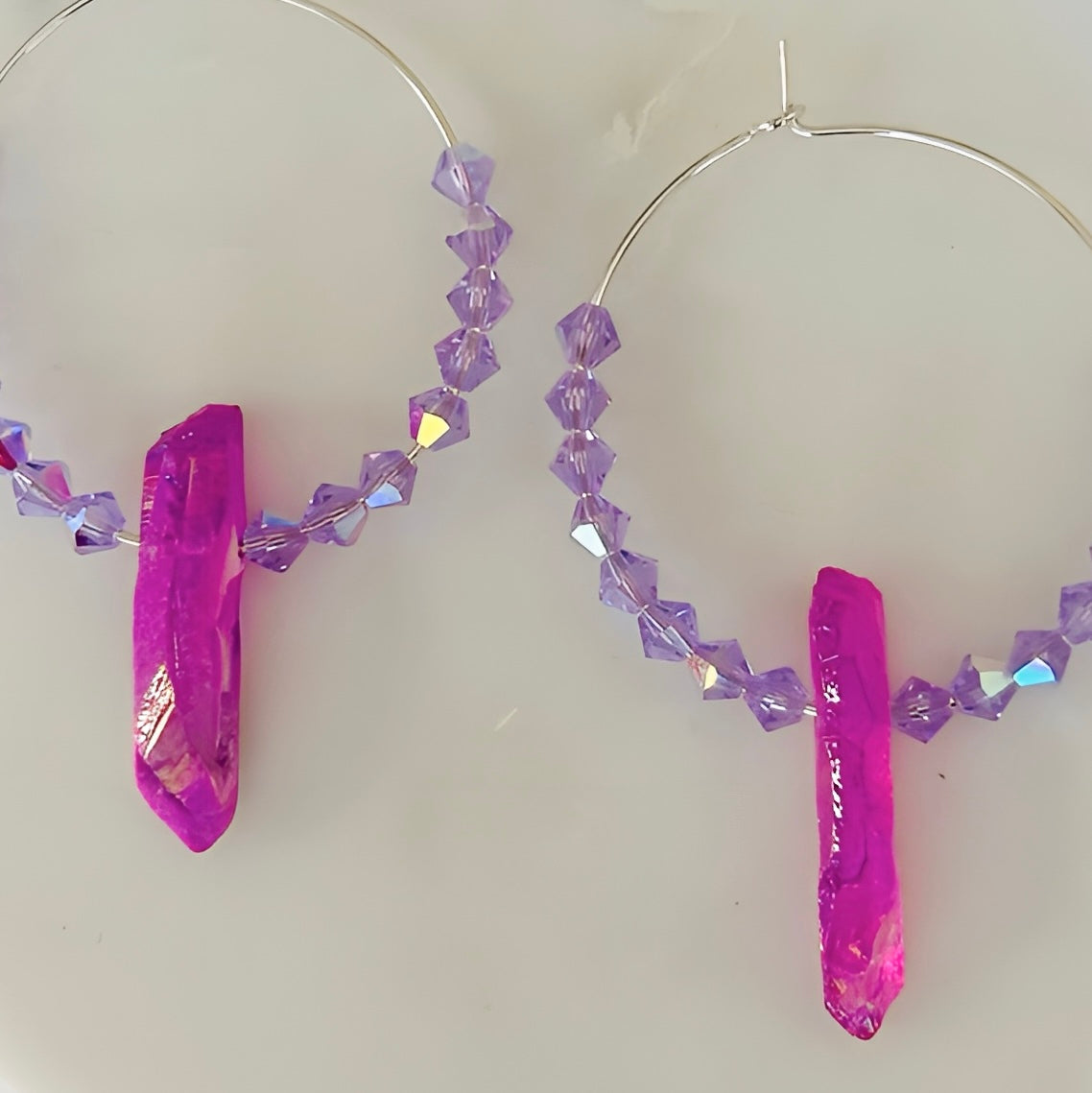 Beaded Dangle Purple Quartz Hoop Earrings With Lavender Beads and Silver Plated Hoops