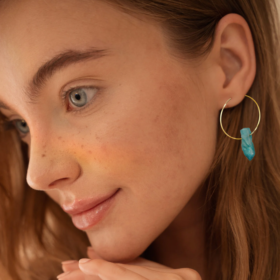 Blue Titanium Coated Quartz Hoop Earrings With Natural Crystal and Gold Plated Finish