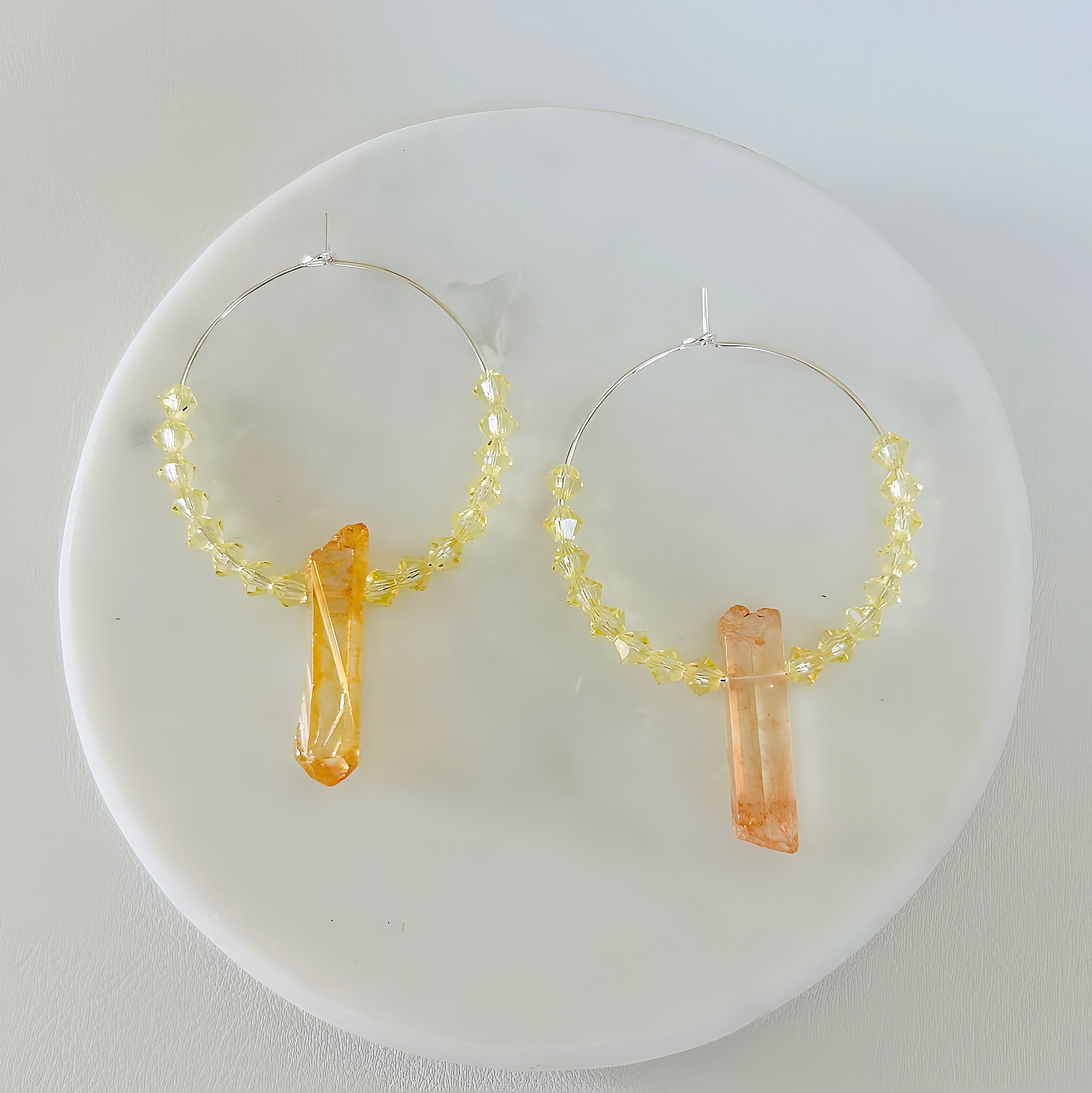 Boho Hoop Earrings With Titanium Coated Quartz Crystal Beads