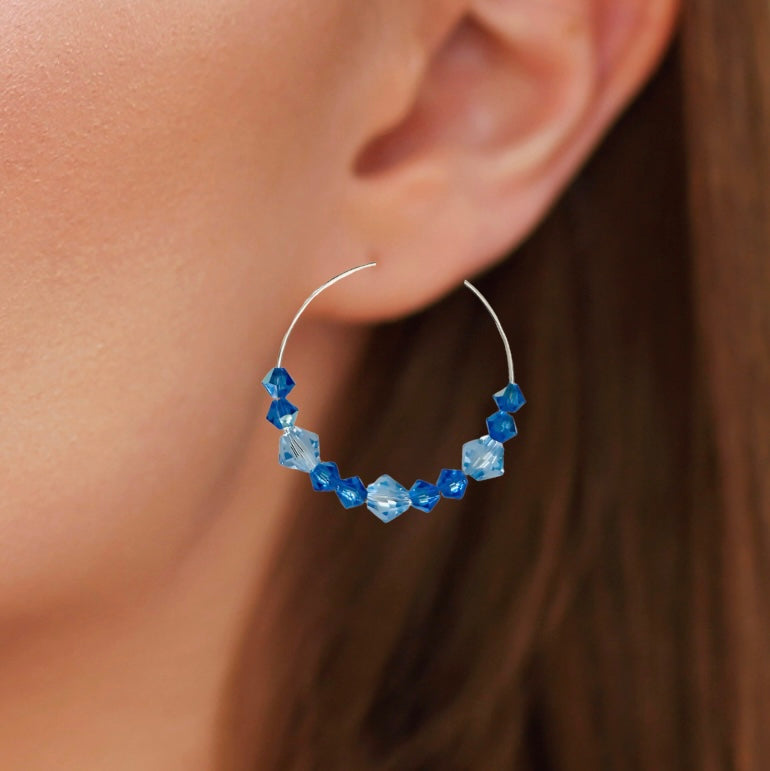 Blue Crystal Hoop Earrings Silver Plated Handmade Statement Jewelry