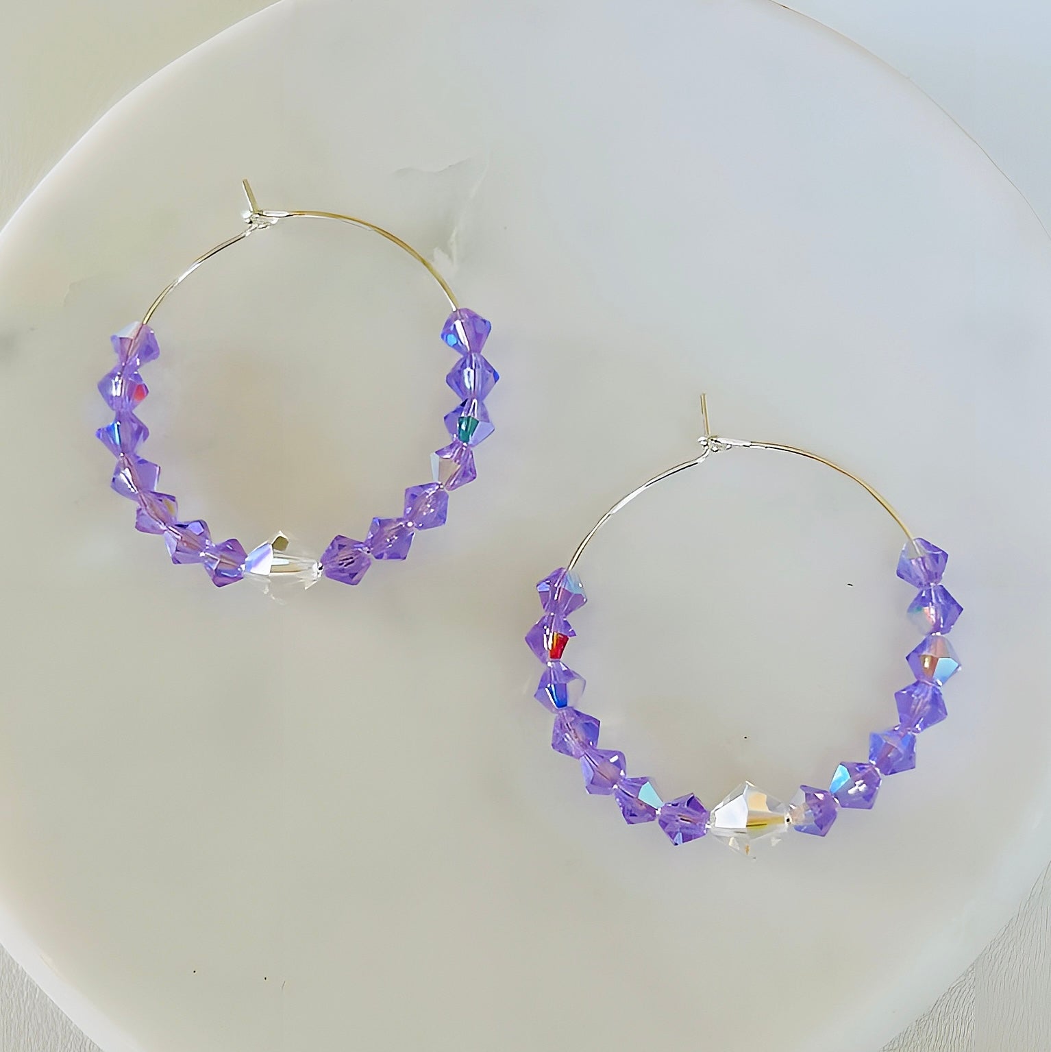 Brilliant Lavender Crystal Hoop Earrings Handmade Lightweight Jewelry