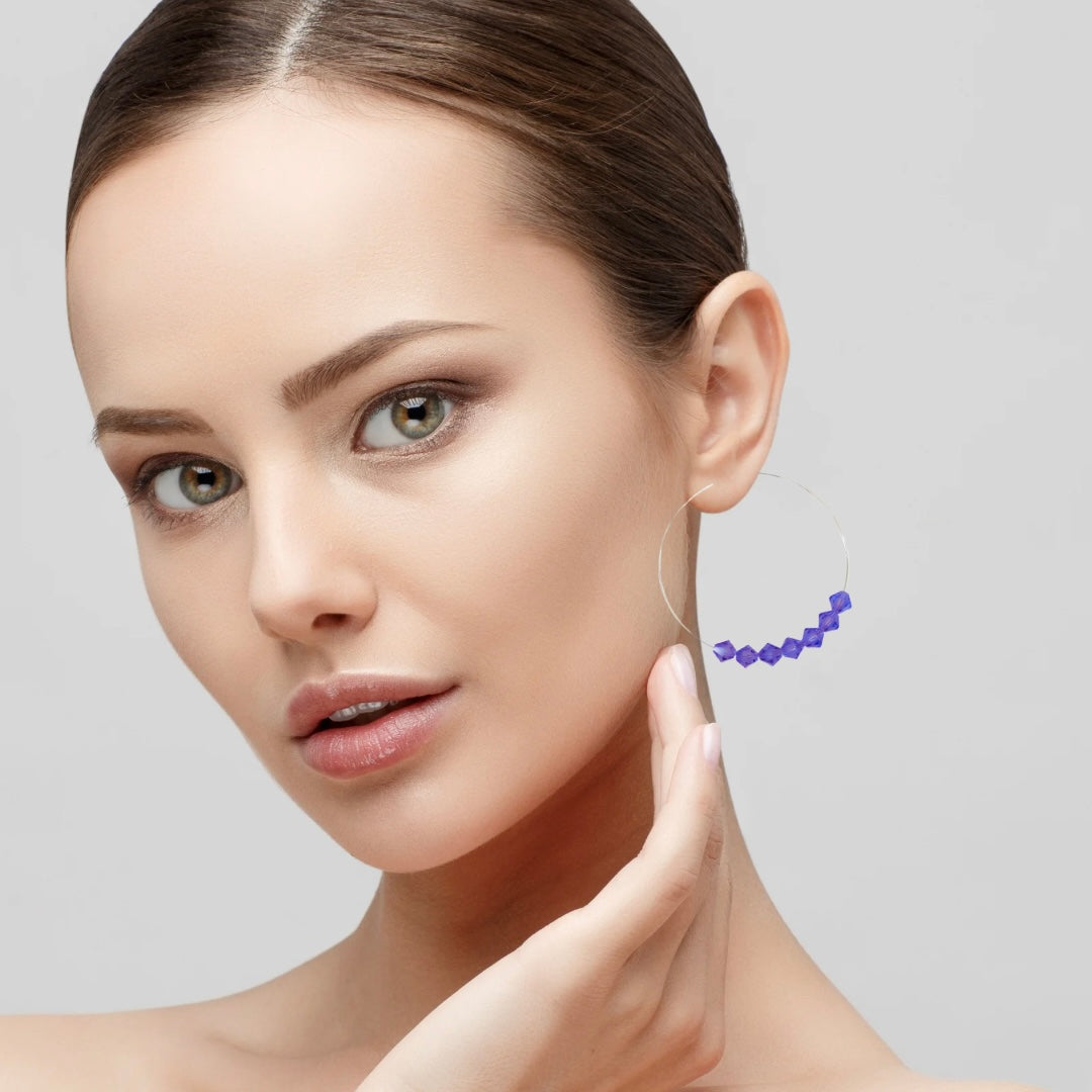 Purple Crystal Hoop Earrings With Silver Plated Boho Statement Style