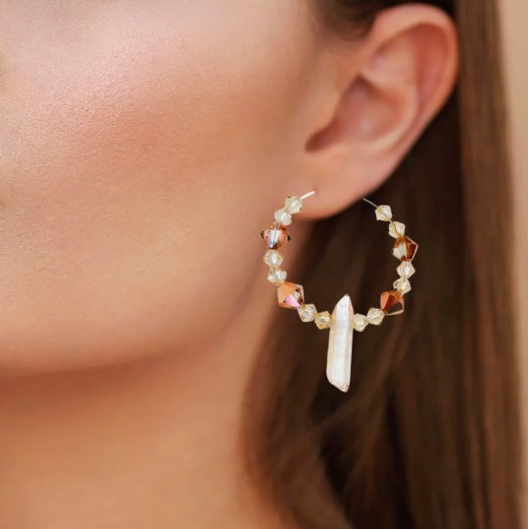 Handmade Titanium Coated Quartz Hoop Earrings With Silver Finish