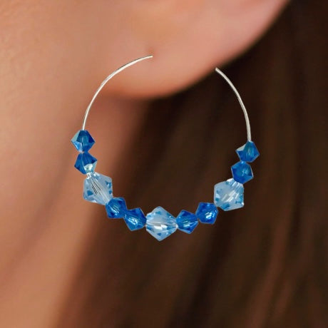 Blue Crystal Hoop Earrings Silver Plated Handmade Statement Jewelry