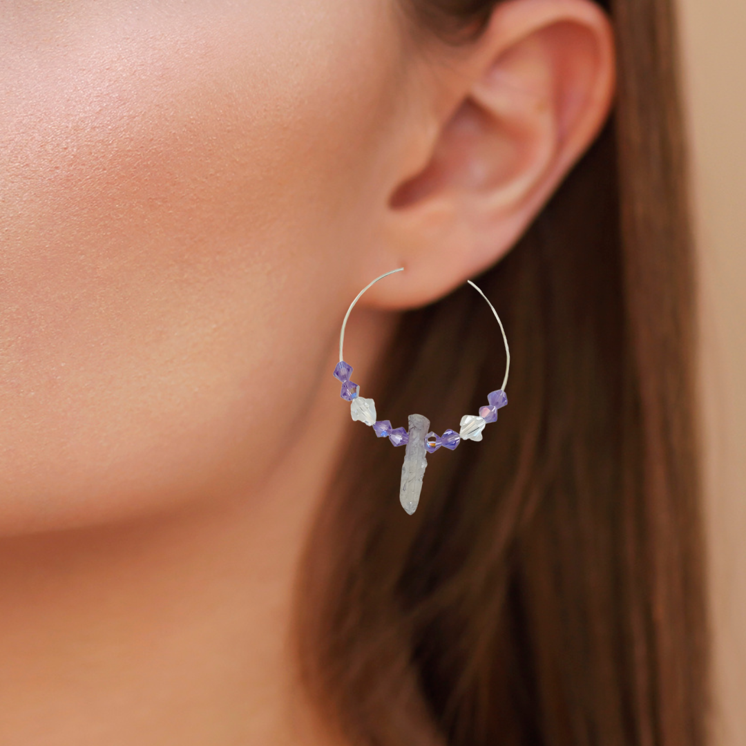 Boho Titanium Quartz Crystal Hoop Earrings Boho Gemstone Beaded Jewelry