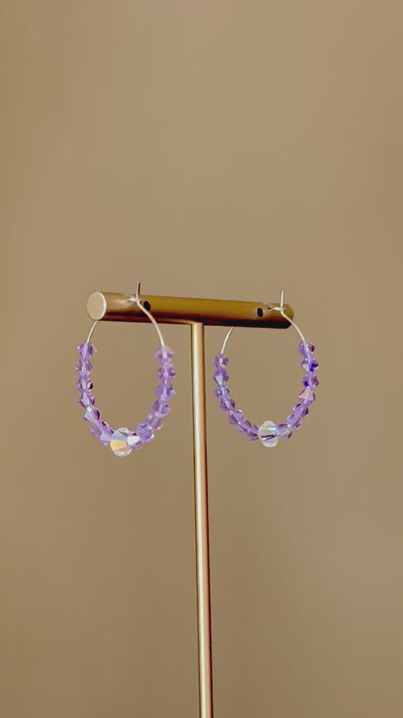 Lavender Crystal Hoop Earrings Handmade Lightweight Jewelry
