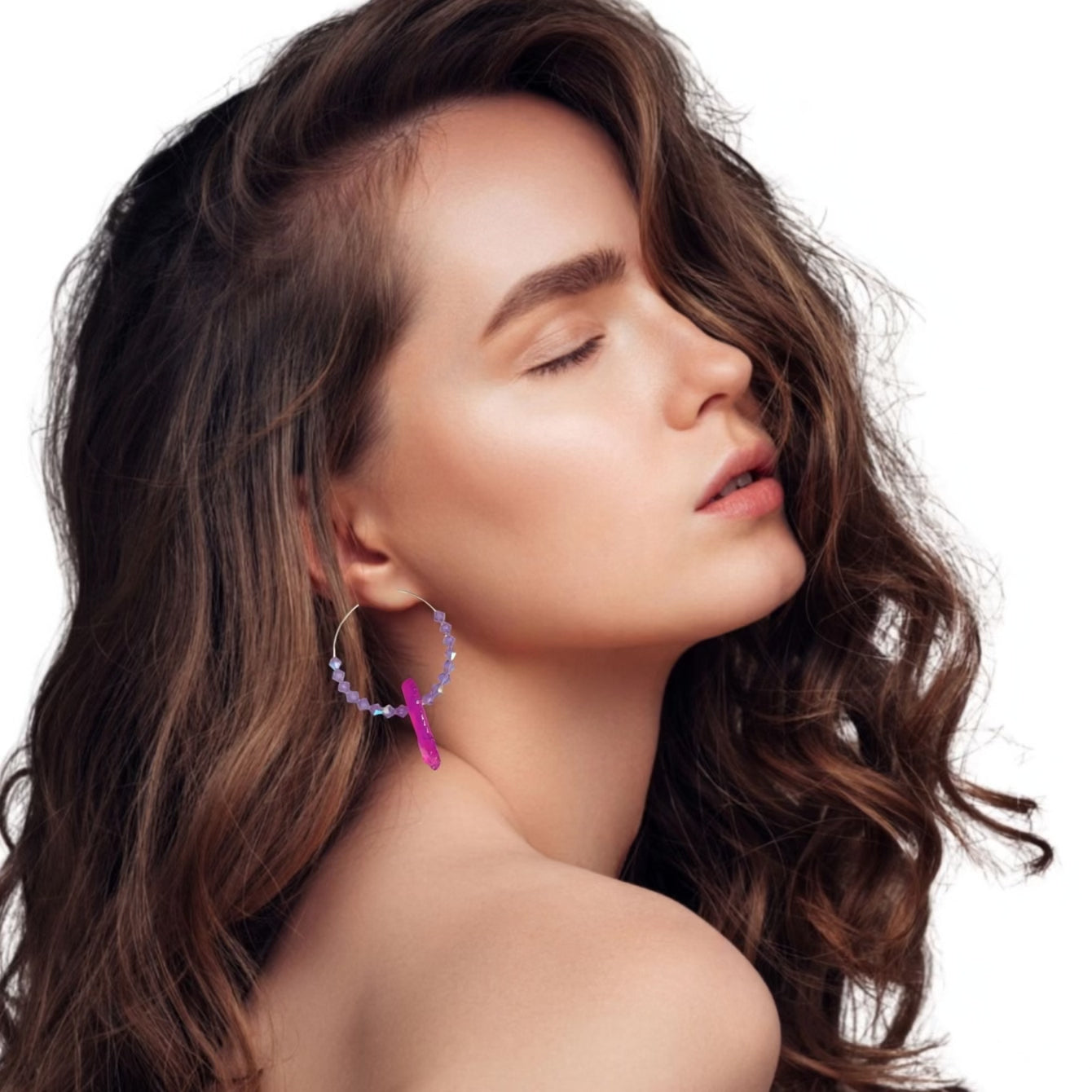 Beaded Dangle Purple Quartz Hoop Earrings With Lavender Beads and Silver Plated Hoops